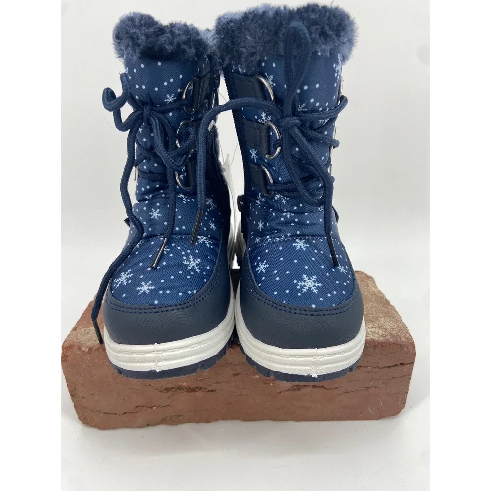 Apakowa Kids Navy Blue Snowflake Winter Snow Boots Faux Fur Lined Waterproof Lug